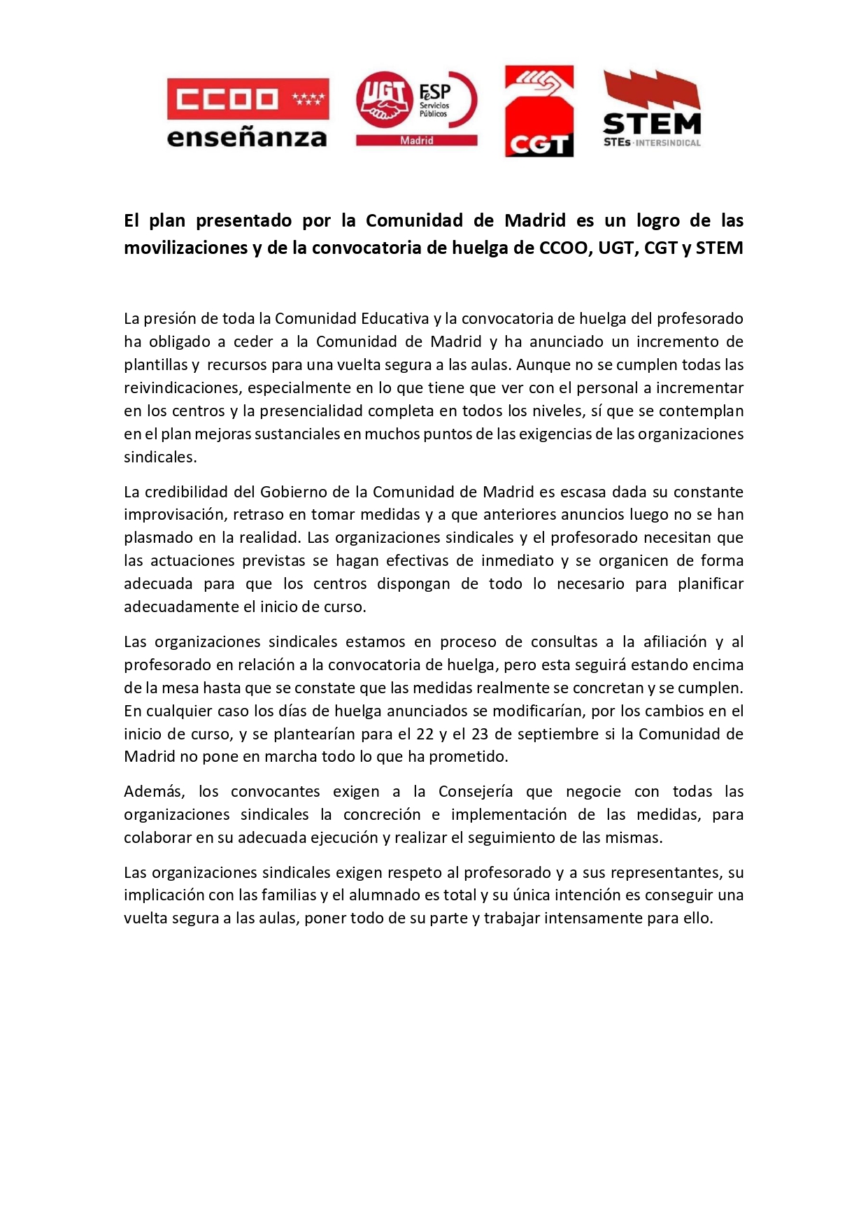Comunicado Intersindical Plan de la Comunidad de Madrid para el inicio de curso_page-0001